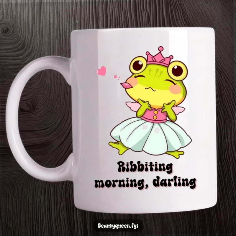 Funny Princess Frog Mug, a joyful amphibian in a dazzling dress blows a kiss, spreading happiness and humor.