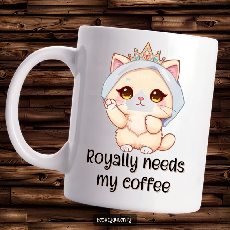 Funny Cat Bride Mug: Fluffy cat character wearing a sparkly crown and veil, adjusting it with a paw, embodying bridal elegance.