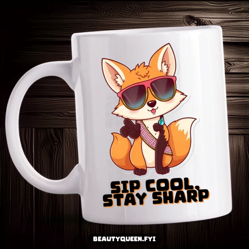 Funny fox wearing sunglasses mug, sassy pose with sash, confident animal, conveying coolness and humor, a perfect funny gift.