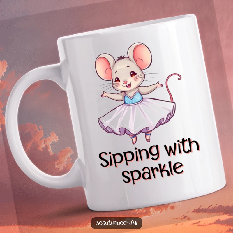 Funny mouse mug featuring a tiny mouse in a dazzling ballgown, joyfully twirling with elegant grace.