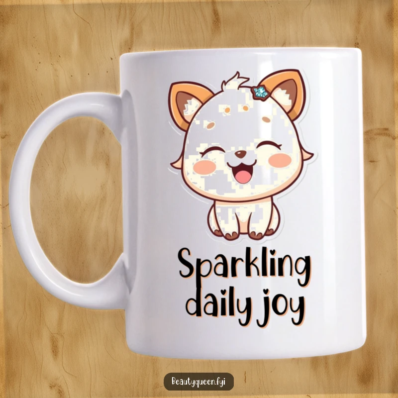 Funny mug featuring a happy animal closing its eyes in delight, accessorized with something sparkly.