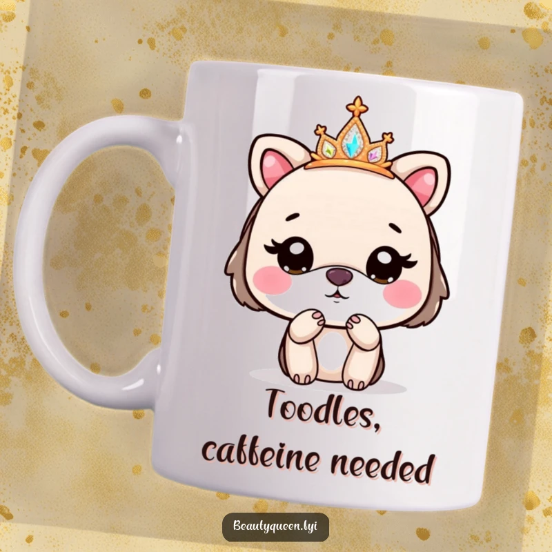 Funny mug with a cute animal wearing a sparkly tiara, blowing a kiss goodbye with a playful expression.