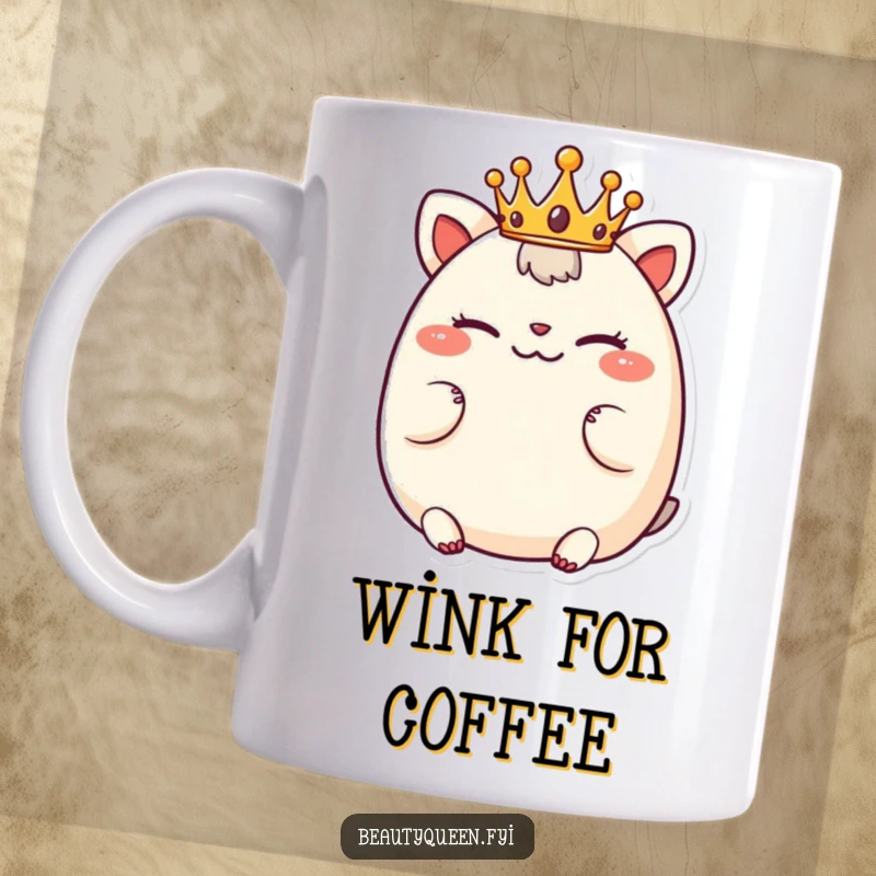 Funny mug with a chubby animal character wearing a tiny crown, winking playfully with a mischievous glint.