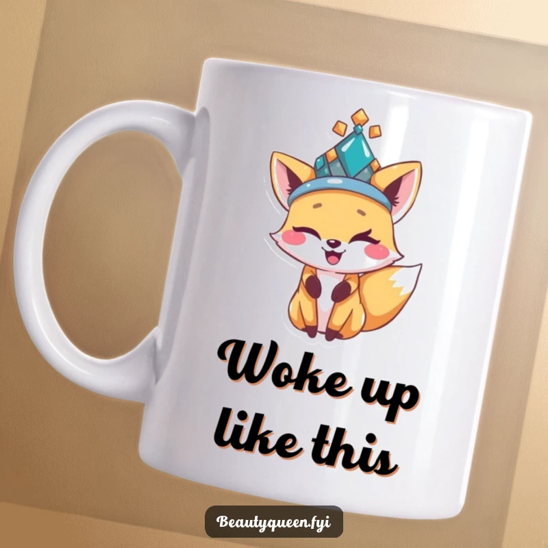 Funny happy fox wearing a bejeweled hat, winking mischievously, perfect for a charming and funny mug.