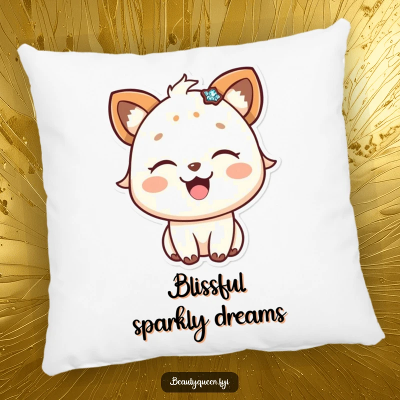 Funny pillow featuring a happy animal closing its eyes in delight, adorned with a shimmering, sparkly accessory.