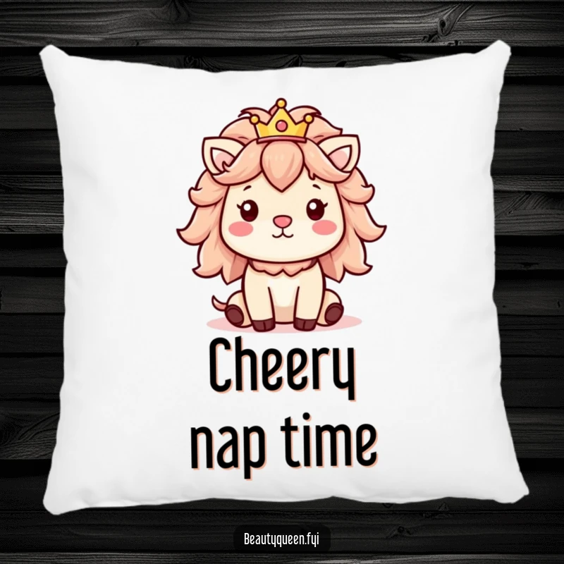 Funny pillow featuring a cheerful animal with a large fluffy mane and a small, elegant crown.