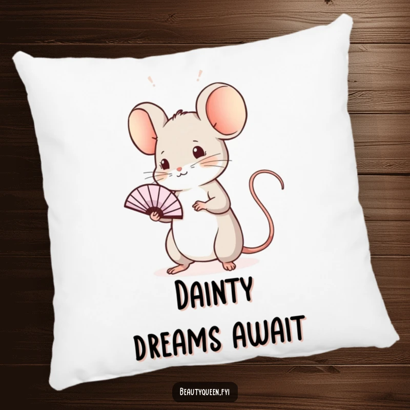Funny mouse pillow with a sweet, regal mouse practicing a wave with a tiny fan, offering plush comfort and miniature charm.