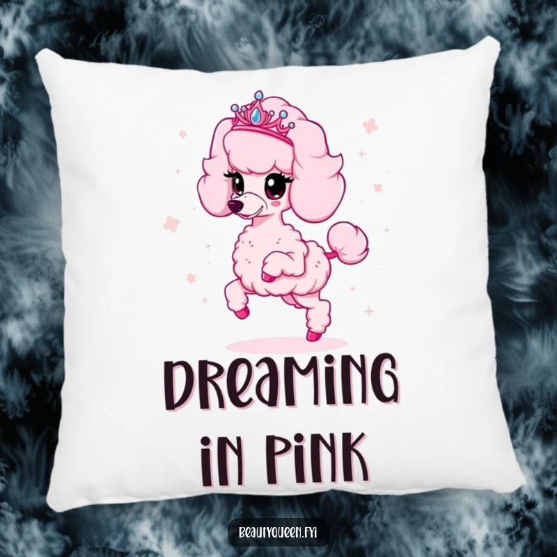 Funny poodle pillow featuring a fluffy pink poodle wearing a tiara and scattering sparkles, perfect for adding comfort and glamour.
