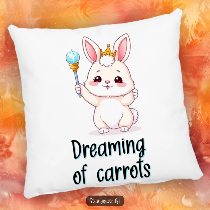 Funny bunny with a sparkling tiara, tossing a scepter, printed on a soft, decorative pillow. Whimsical and comforting character art.