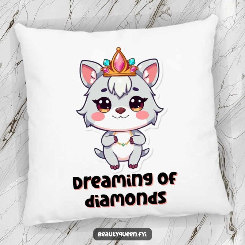 Funny pillow with a whimsical animal character wearing a jeweled crown, striking a confident pose, offering plush style.