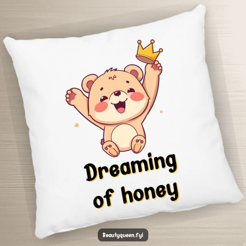 Funny bear cub pillow with a smiling cub joyfully tossing a crown, offering cozy comfort and hilarious kingly cheer.