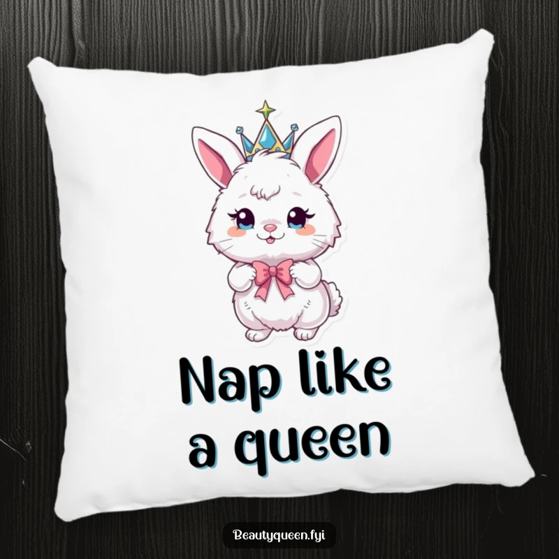 Funny bunny pillow depicting a fluffy bunny wearing a sparkly crown and posing playfully with a bow.
