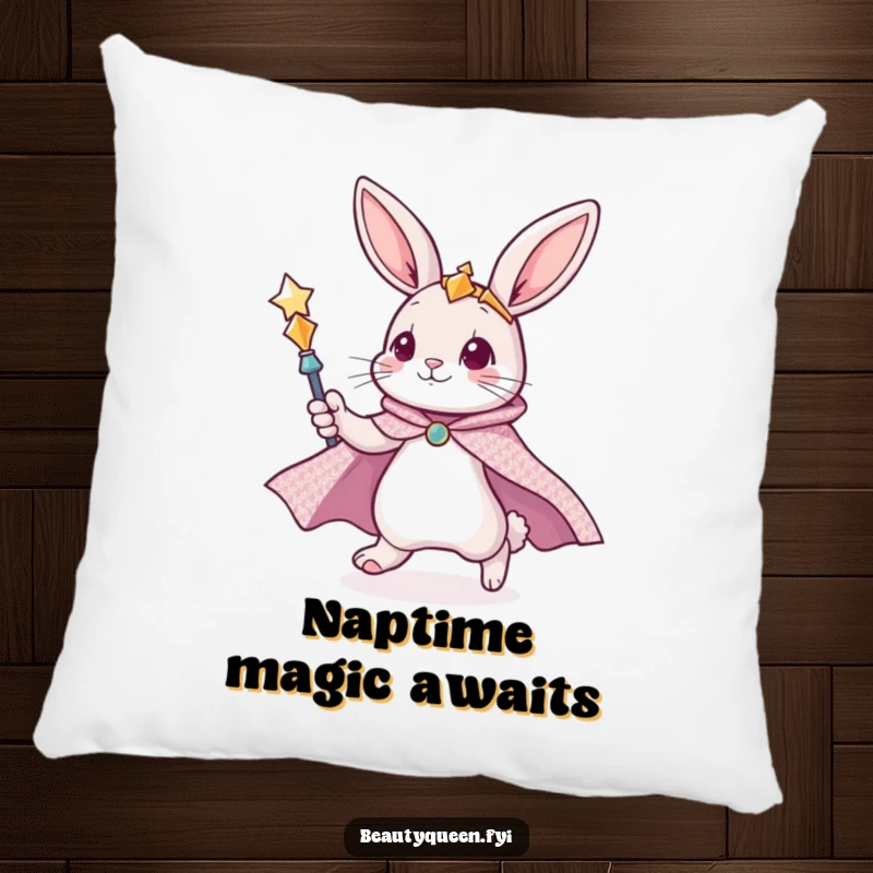 Funny bunny pillow featuring a cute bunny in a glittering cape, zooming with a scepter, perfect for cozying up.