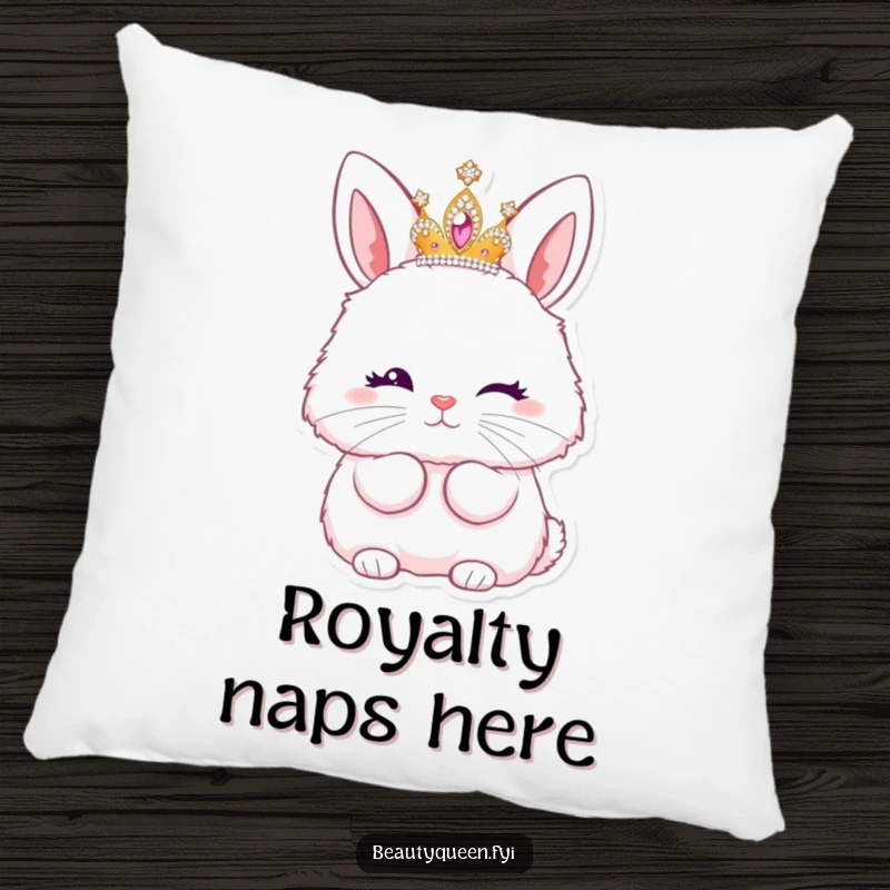 Funny pillow featuring a fluffy bunny queen in a tiara, winking and blowing a kiss.