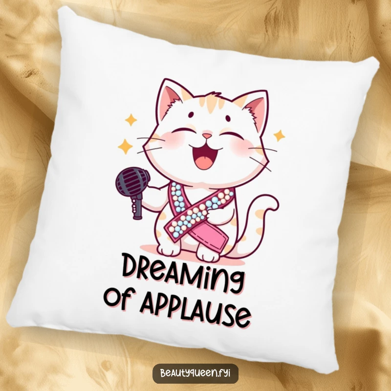 Funny cat pillow featuring a giggling cat in a sequined sash, holding a microphone, offering cozy comfort with hilarious diva vibes.