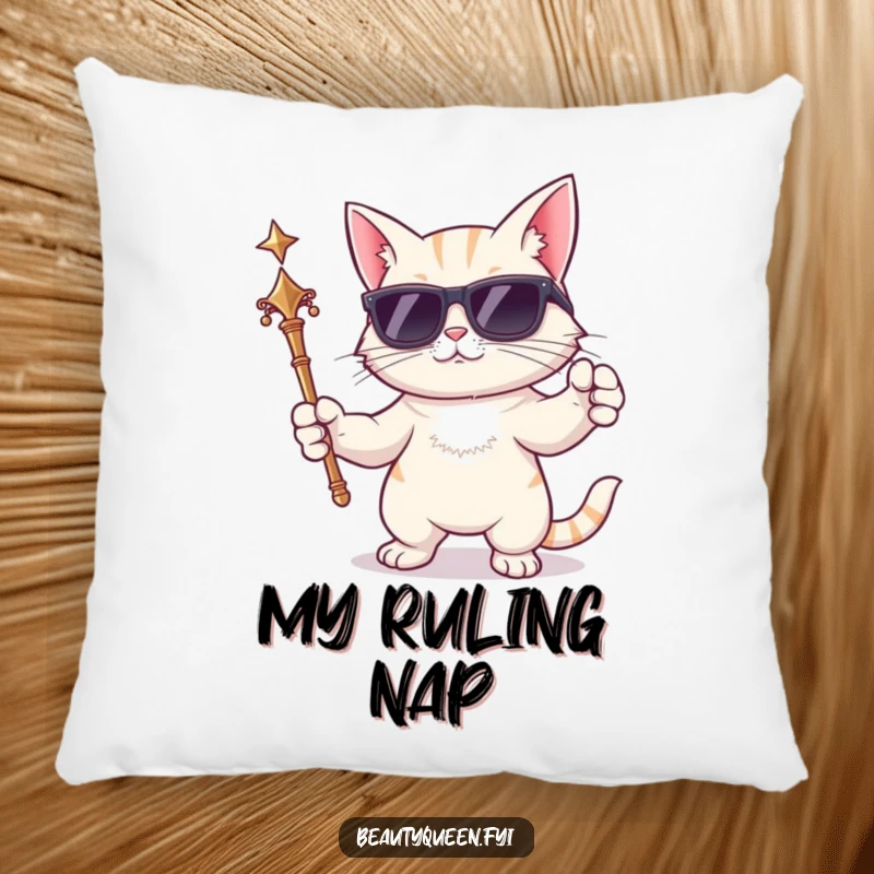 Funny cat pillow featuring a cartoon cat in sunglasses, holding a scepter and posing dramatically, ideal for comfortable lounging.
