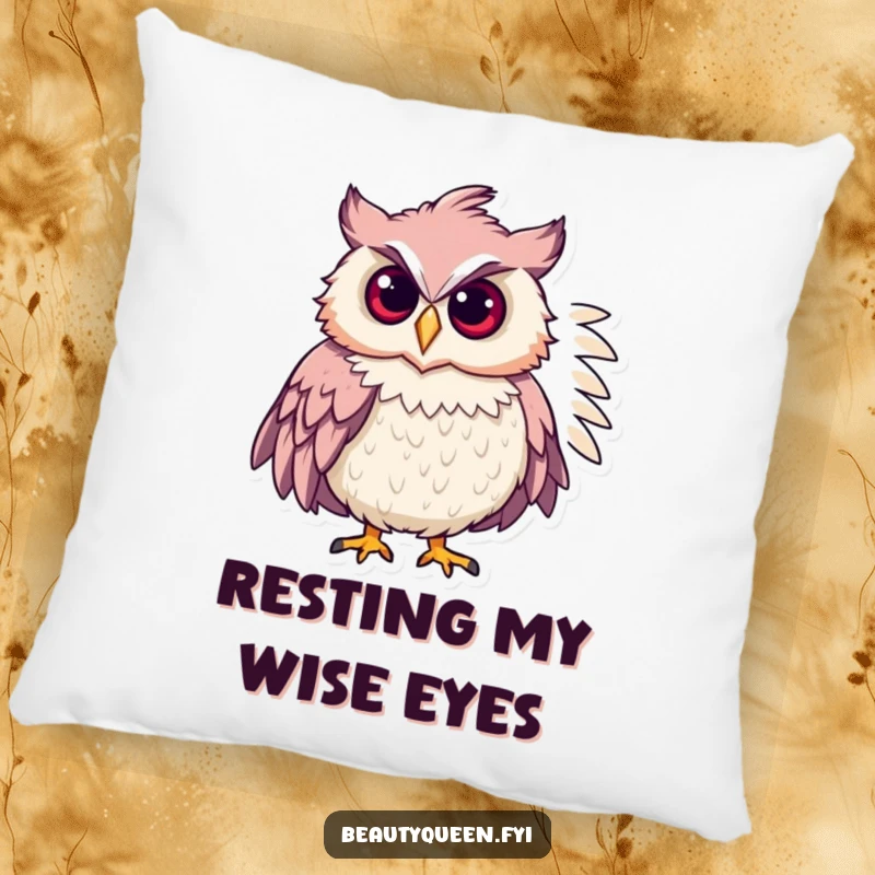 Funny chic owl with a feathered boa, striking a confident pose on a decorative accent pillow.