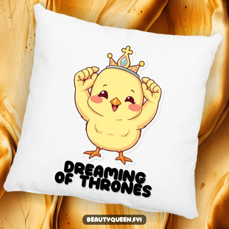 Funny pillow design with a cheerful chick adjusting a tiny tiara, perfect for adding a humorous and cute accent.