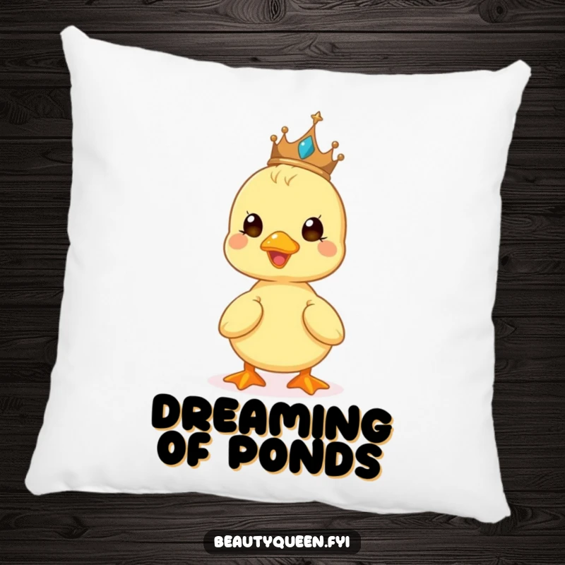 Funny pillow featuring a cute duckling beaming while balancing a tiny tiara, offering a soft and humorous touch.