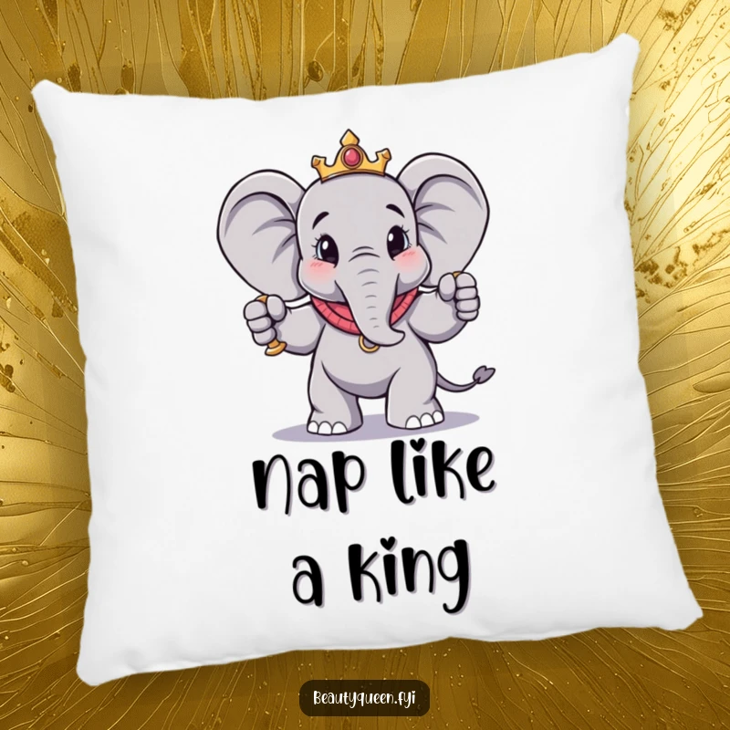 Funny elephant pillow with a charmingly regal elephant striking a dramatic pose with a scepter, offering plush comfort and humorous flair.