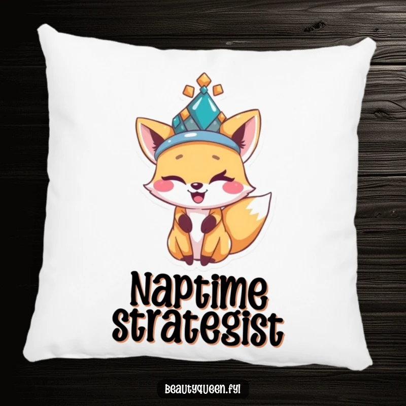 Funny happy fox wearing a bejeweled hat and winking, designed as a soft and comfortable decorative pillow.