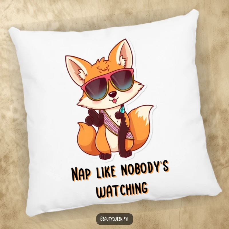 Funny fox sunglasses pillow, sassy animal cushion, soft and cozy home decor, adding cool humor, a delightful funny gift.