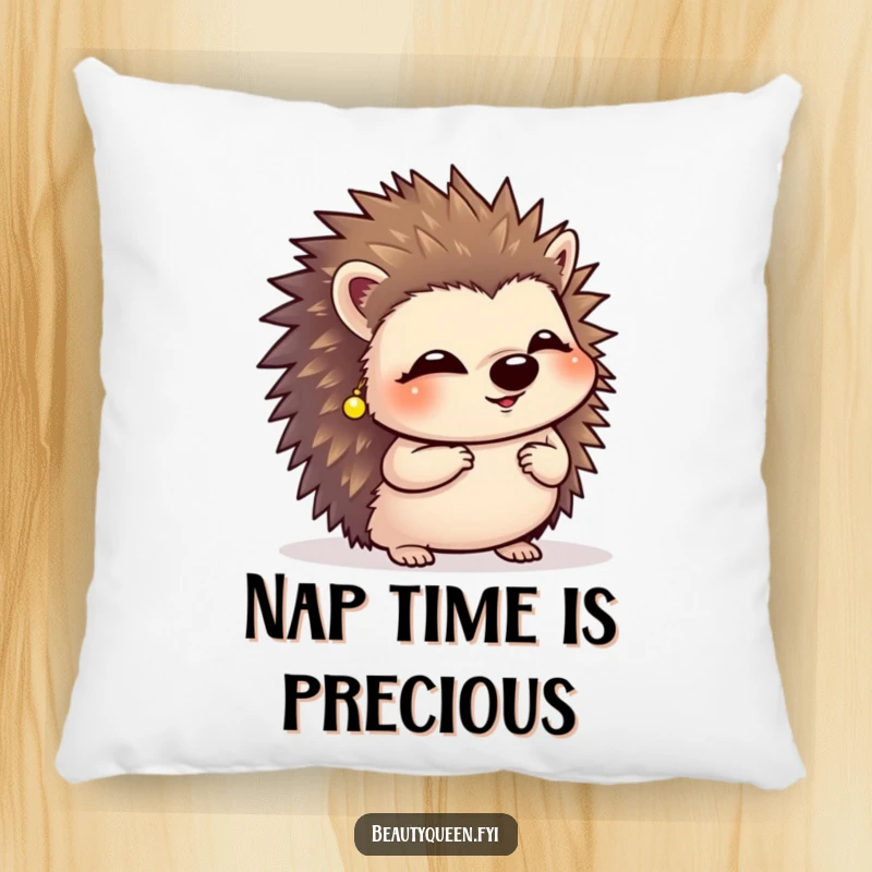 Funny giggling hedgehog wearing tiny earrings, performing a curtsy on a soft and plush decorative pillow.