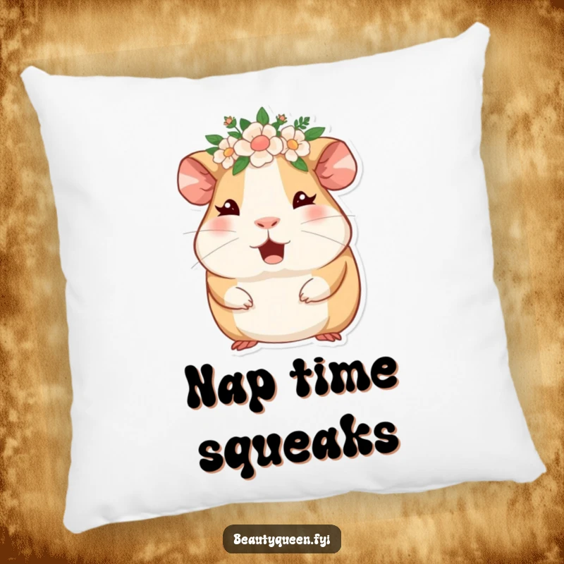 Funny guinea pig with a floral crown, winking and giggling, featured on a soft, decorative pillow. Adorable and huggable humor.