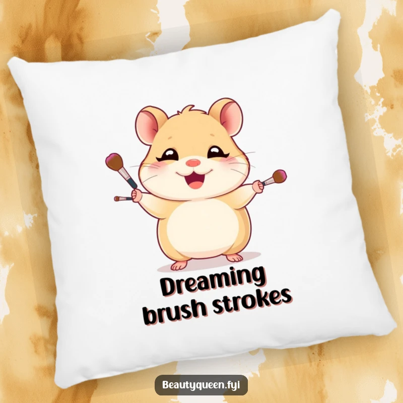 Funny pillow illustration of a giggling hamster confidently juggling small makeup brushes, adding a humorous touch to any room.