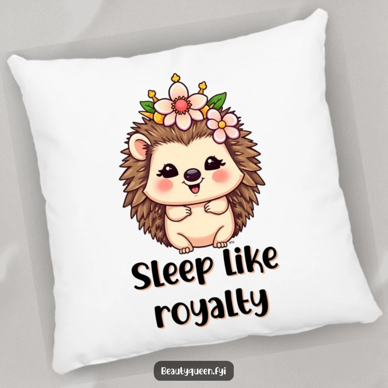 Funny Hedgehog Pillow: A happy hedgehog queen with a flower-adorned crown brings cute and funny royal vibes to any seating area.