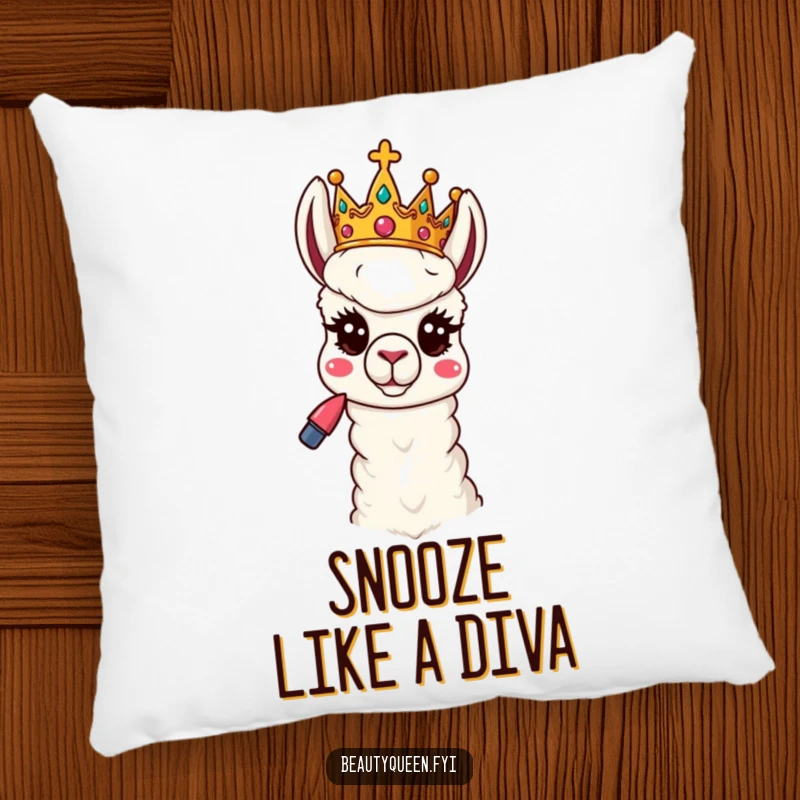 Funny Llama Pillow: A playful llama queen with a tilted crown and lipstick strikes a funny, sassy pose, bringing royal humor.