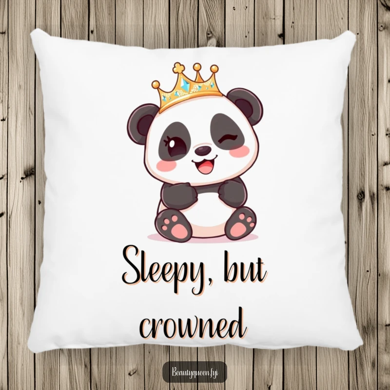 Funny Panda King Crown Pillow, a panda wearing a crown winks playfully, offering cozy and cute humorous comfort.