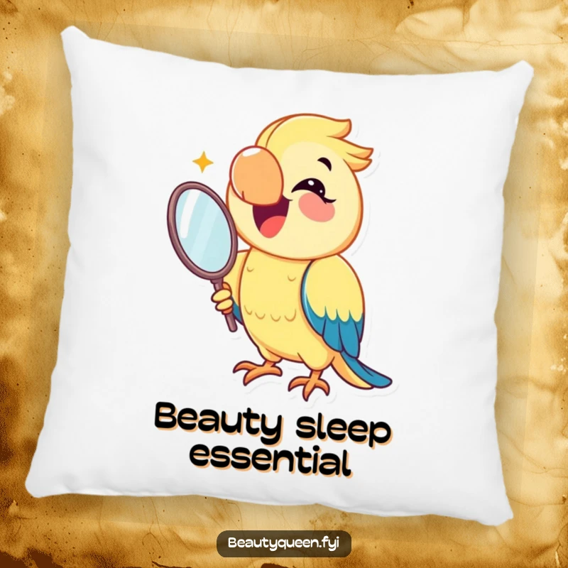 Funny parrot pillow with a joyful parrot smiling and holding a mirror, perfect for adding comfort and a touch of self-admiring humor.