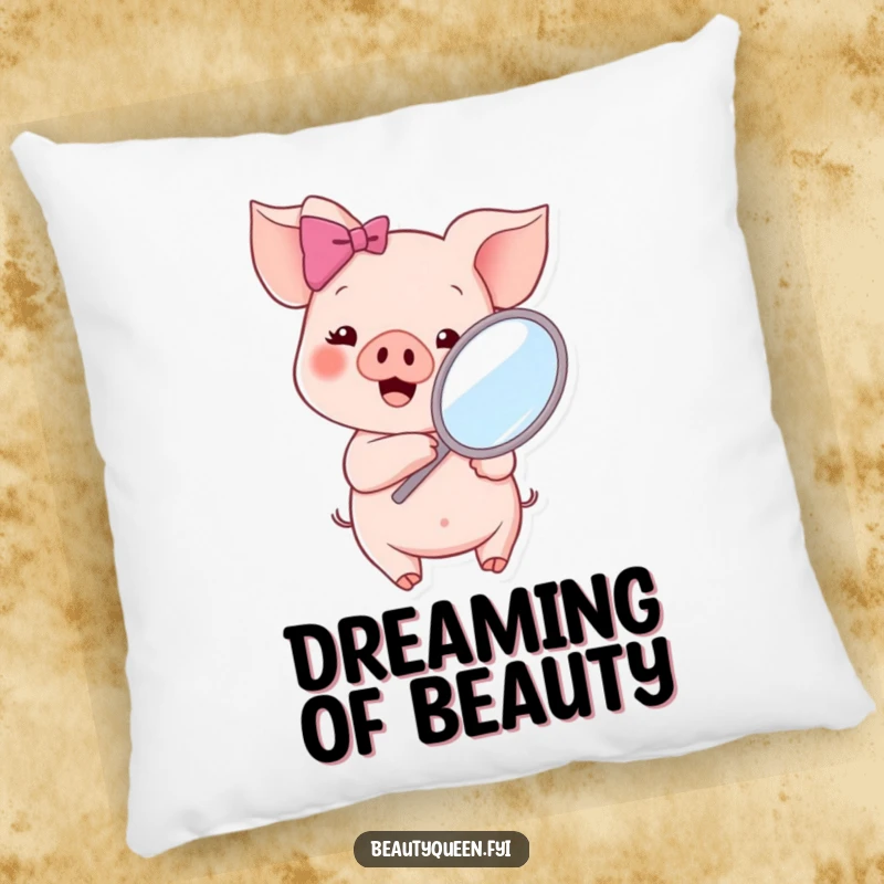 Funny piglet wearing a pink bow, holding a mirror and checking its reflection, designed as a soft and comfortable pillow.
