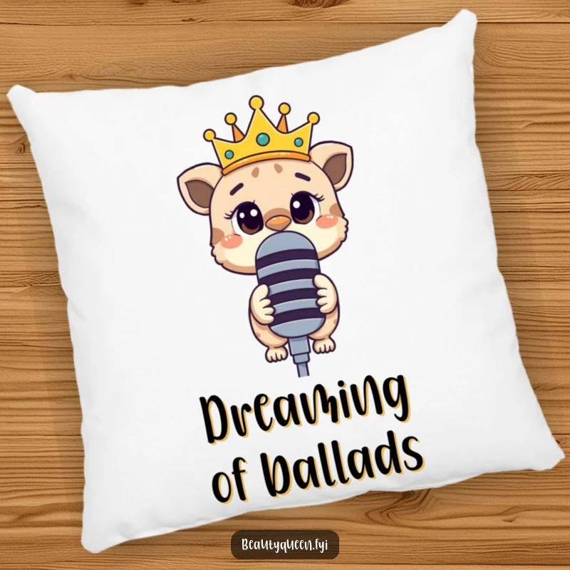 Funny pillow featuring a curious animal with a tilted crown, peering over a large microphone, ready to speak.