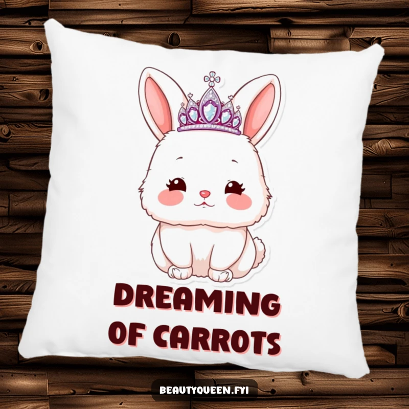 Funny rabbit pillow featuring a fluffy bunny with a tiara, blowing a kiss with rosy cheeks, a soft and humorous home accent.