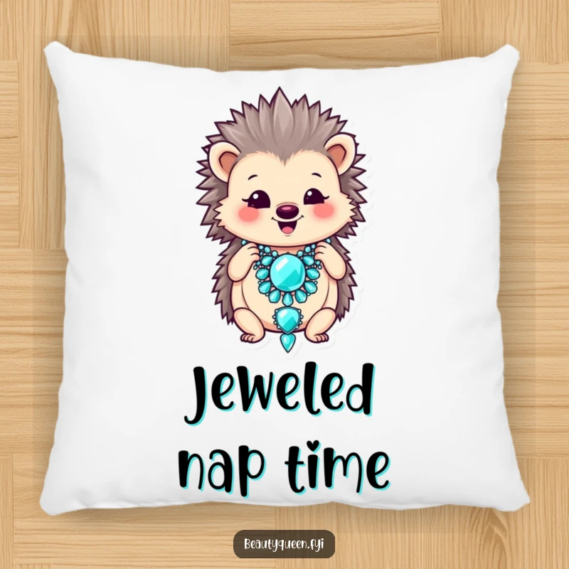 Funny pillow featuring a smiling hedgehog adjusting a large, oversized jeweled necklace.