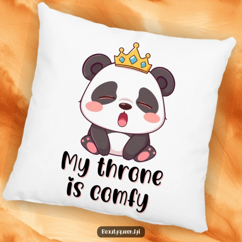 Funny Panda Pillow: Plush cushion featuring a sleepy panda character wearing a tiara, yawning blissfully with closed eyes.