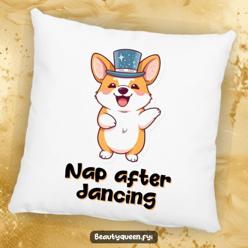 Funny corgi in a sequined top hat doing a little dance, printed on a soft and plush pillow.