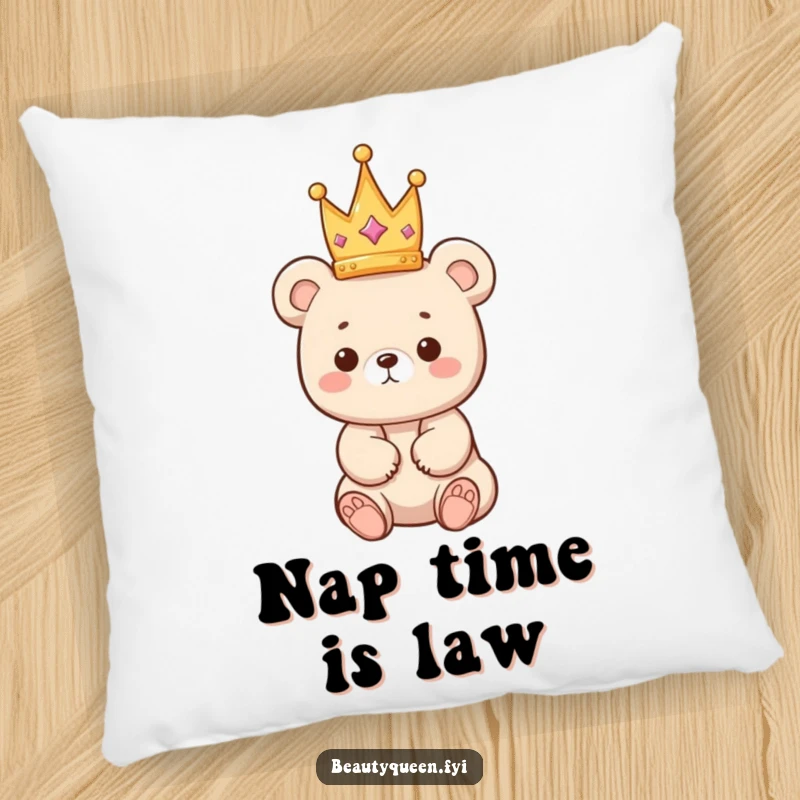 Funny bear pillow featuring a kawaii bear cub balancing a tiny crown, perfect for adding comfort and adorable charm.