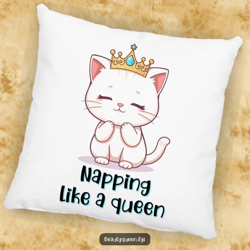 Funny pillow featuring a kawaii cat in a glittering crown, attempting a charming curtsy.
