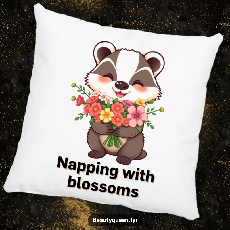 Funny Pillow: A cheerful badger proudly holds a beautiful flower bouquet, adding comfort and joy.