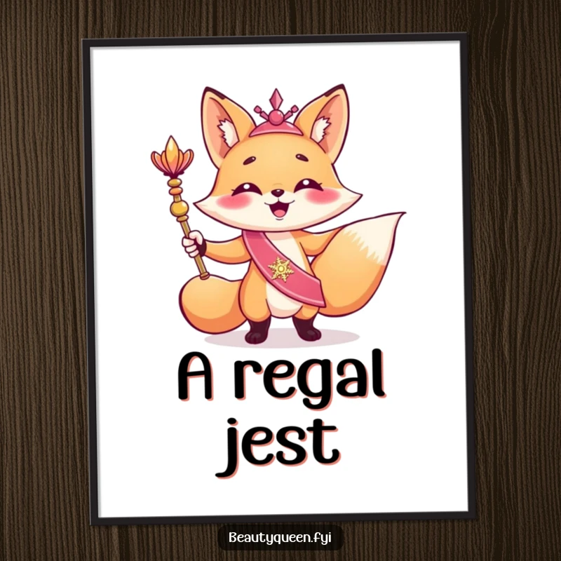 Funny digital art print of a giggling fox in a shimmering sash, triumphantly posing with a scepter, exuding regal humor and charm.