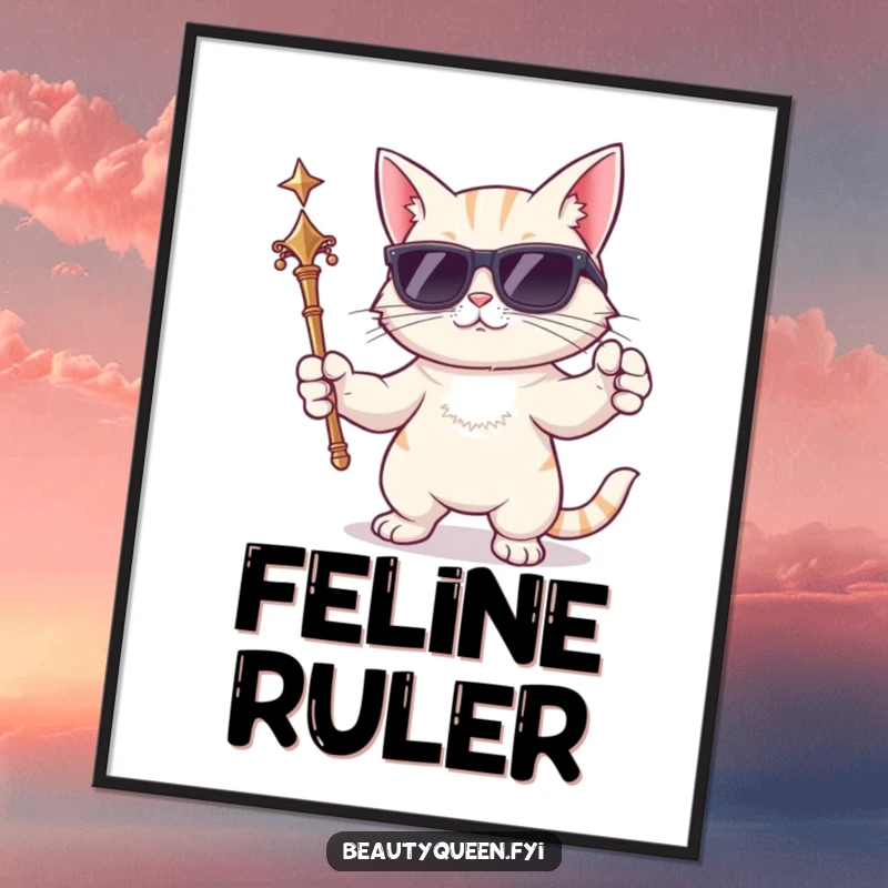 Funny cat digital art print of a cartoon cat wearing sunglasses and holding a scepter, striking a dramatic pose for cool decor.