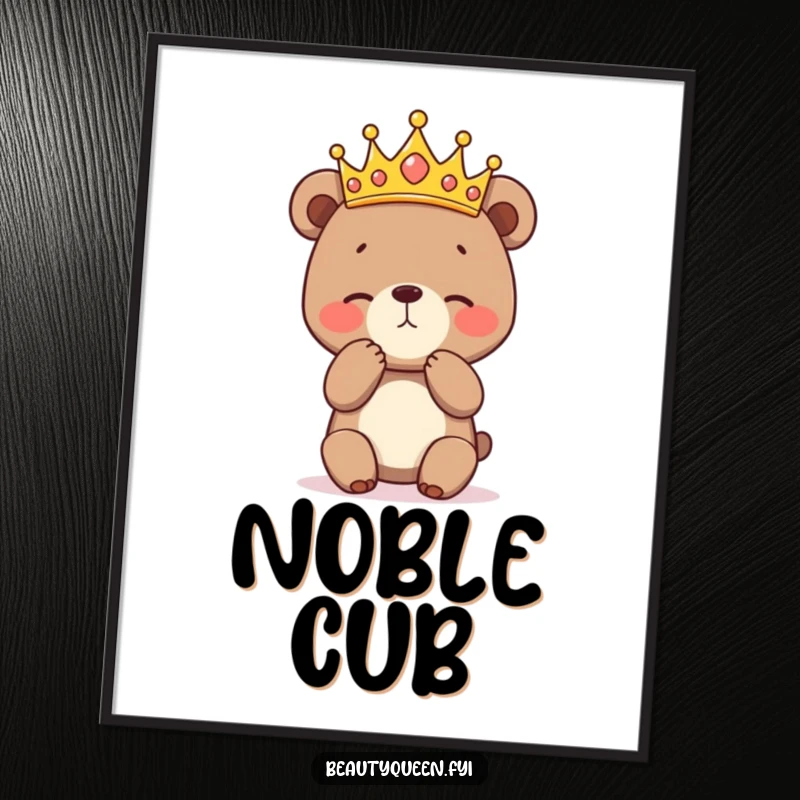 Funny printable digital art of a bashful bear cub wearing a crown and practicing a curtsey, perfect for immediate download and framing as cute, humorous decor.