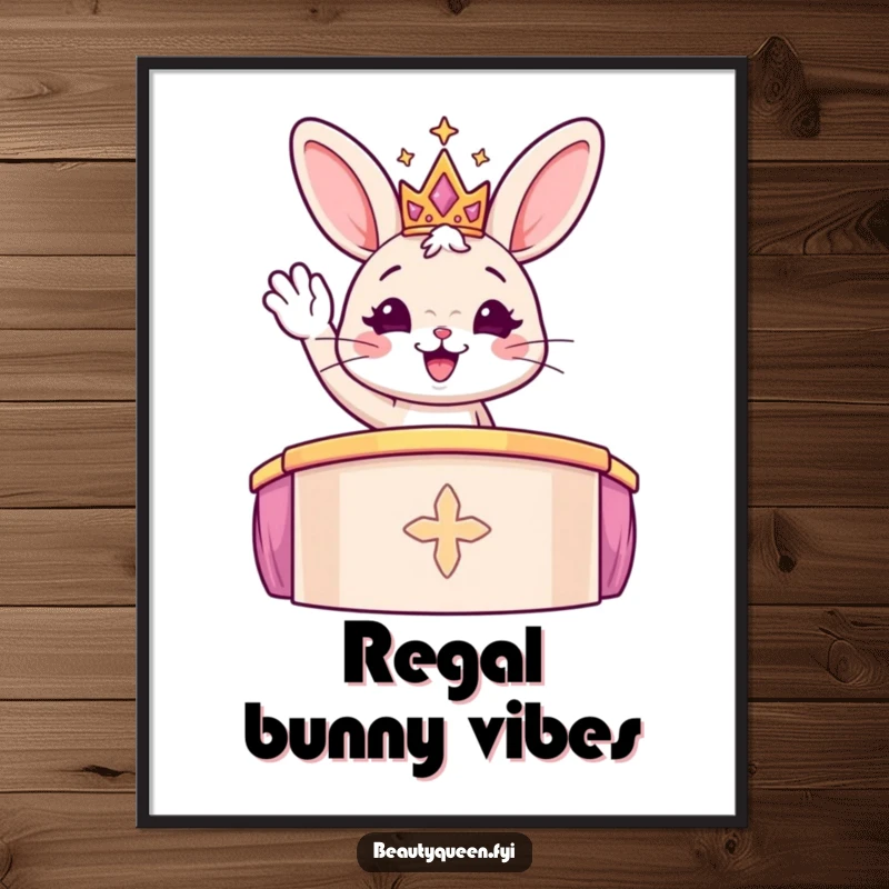Funny cheerful bunny in a sparkly tiara waving from a podium, as a high-resolution digital art print.