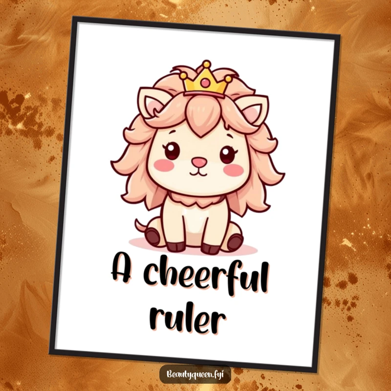 Funny digital art print of a cheerful animal with a fluffy mane and a tiny crown, emanating joy.