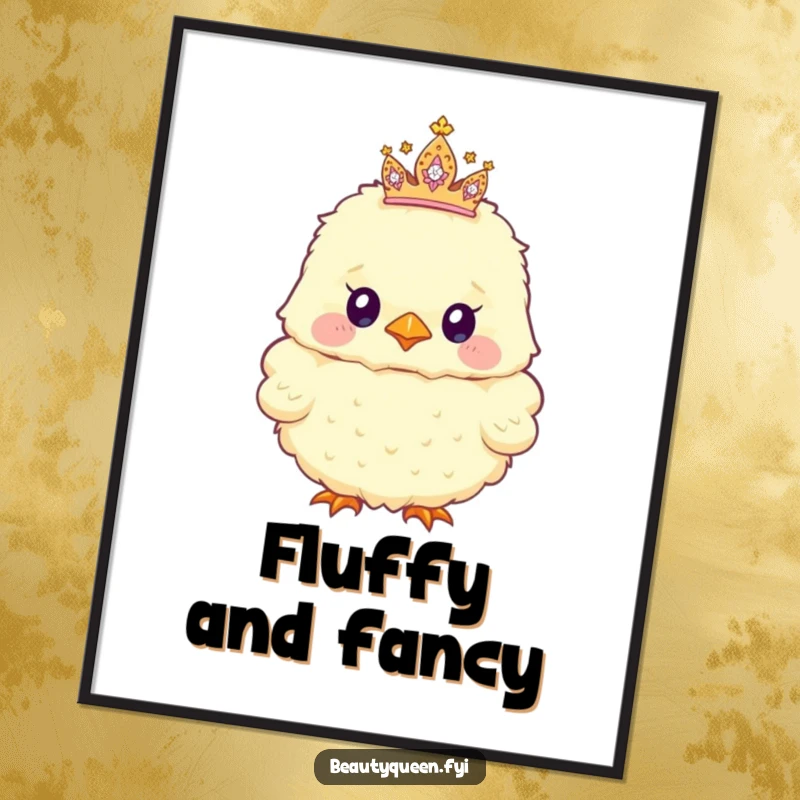 Funny Digital Art Print of a fluffy chick with a tiny, sparkly tiara tilted askew, creating a whimsical and humorous wall decoration.