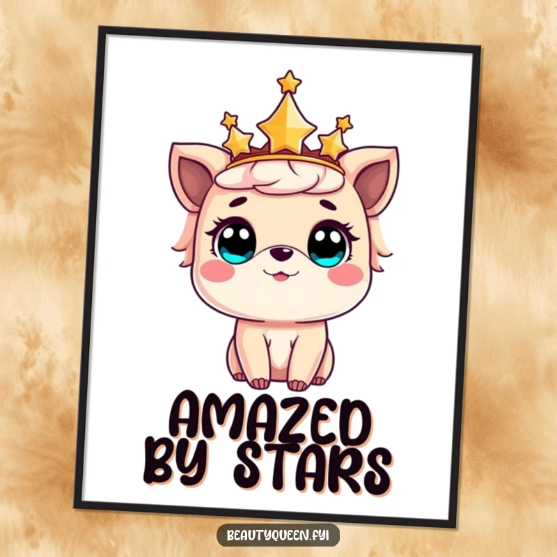 Funny digital art print of a sweet animal wearing a starry crown, eyes reflecting pure amazement and wonder.