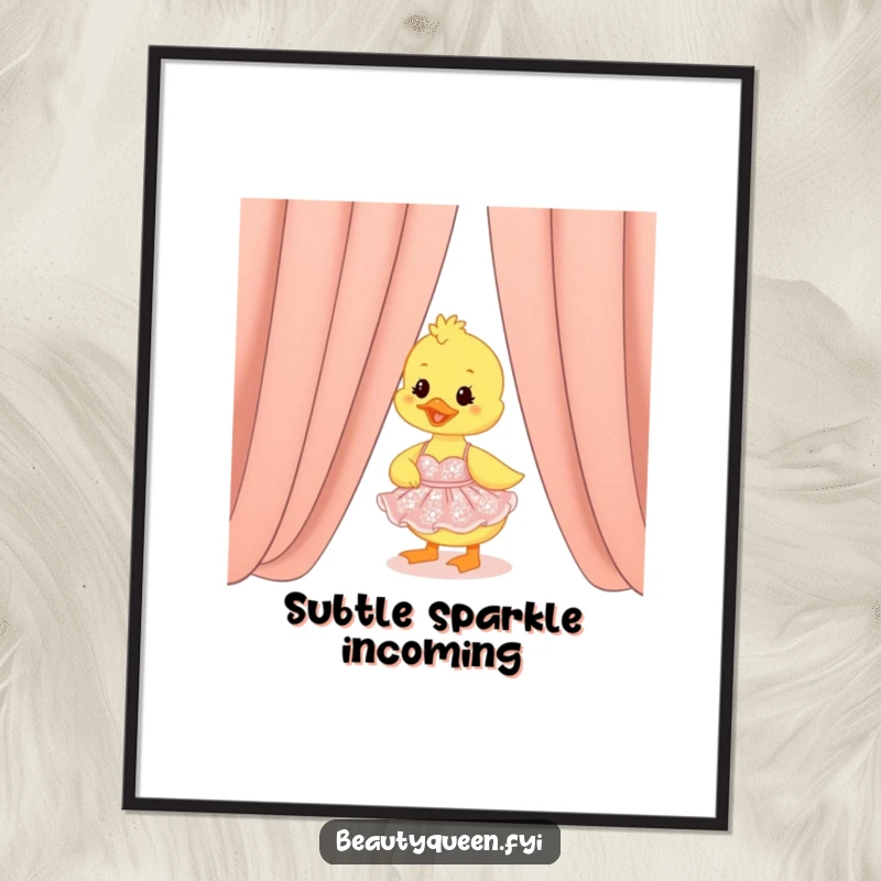 Funny duckling in a sparkling dress peeking from behind a curtain, high-resolution digital art for printing.